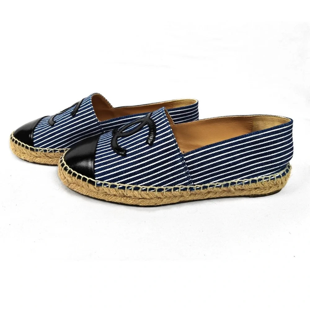 CHANEL Navy Blue Striped Espadrilles with Black Cap Toe - Picture 4 of 6